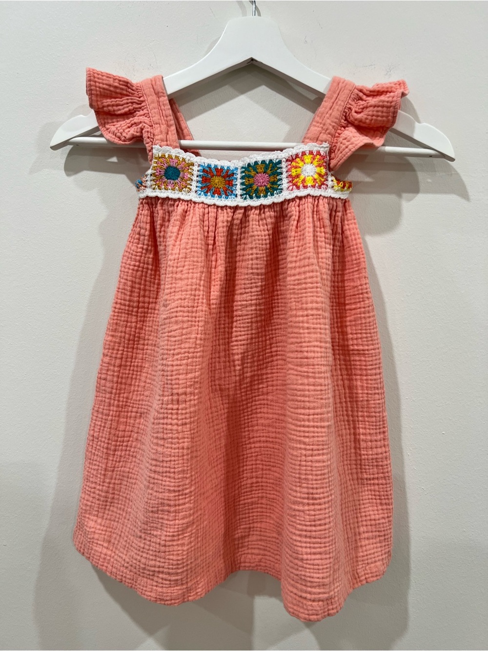 Bonnie Jean Coral Pink Textured Girls Dress with Colorful Crochet Trim 4T